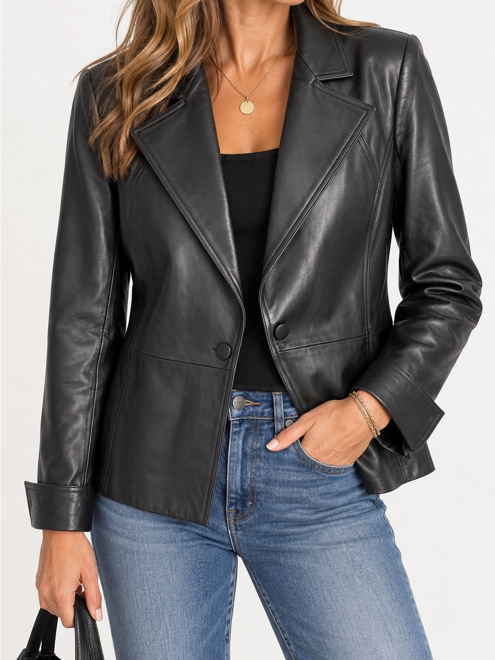 Linda Allard Ellen Tracy Black Leather Blazer Jacket Size 8